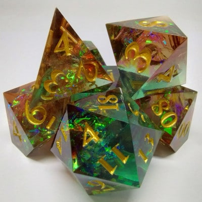 Green and Orange Sharp Edged Shimmering Plasma 7pc Dice Set image 0